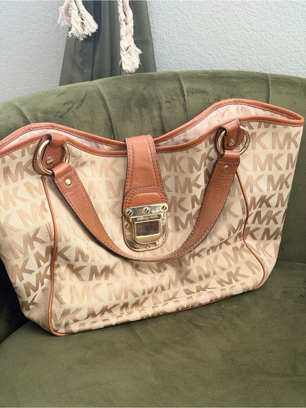 Michael Kors Beige Logo Tote with Tan Leather Trim and Gold Hardware